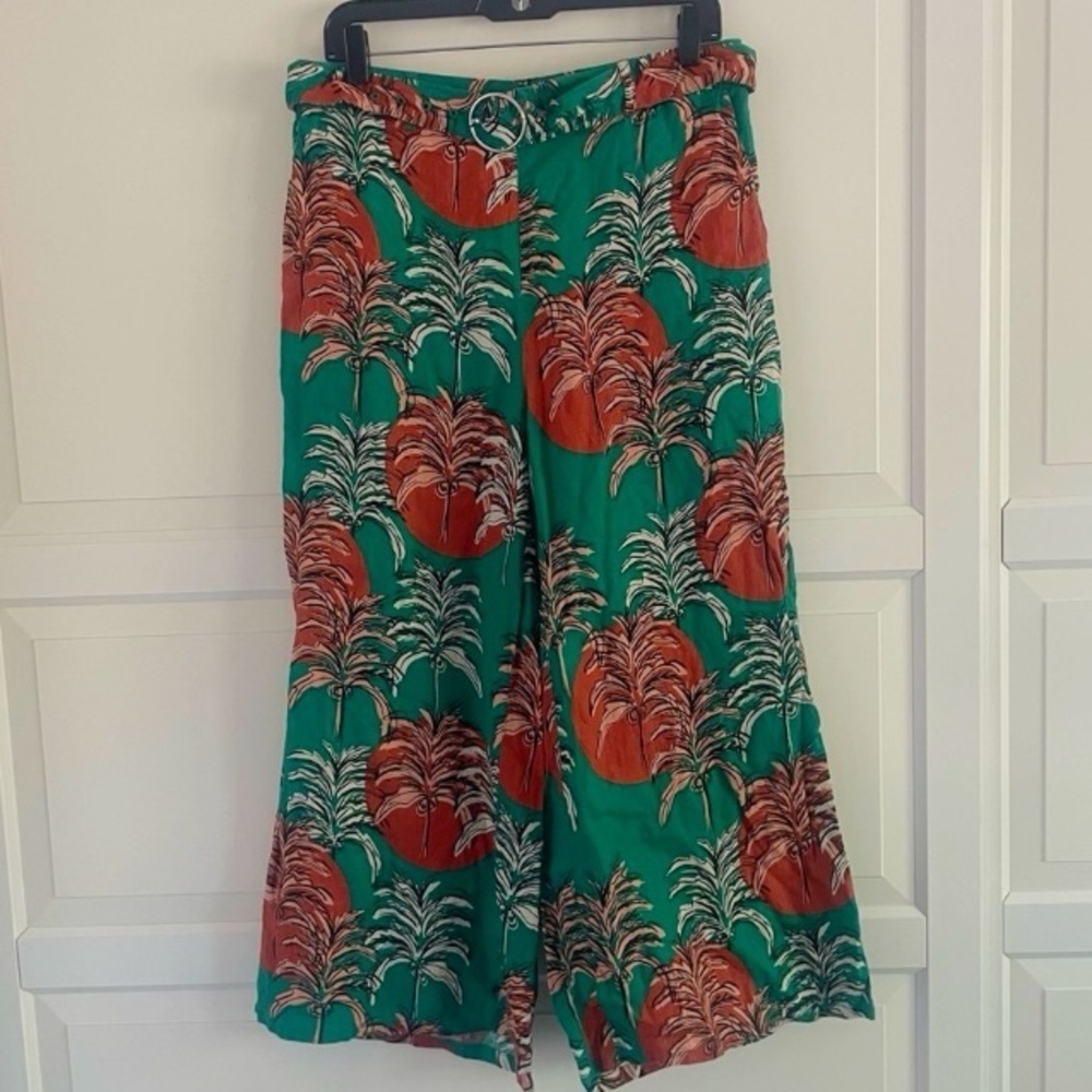 Nicole Miller 100% linen green and brown print pants with belt 26918